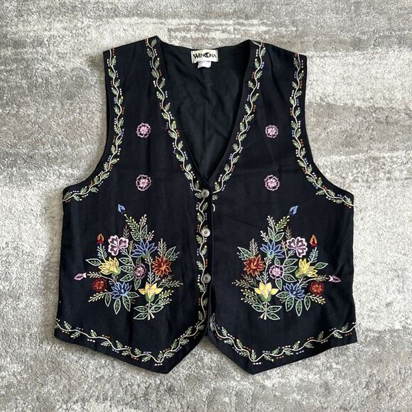 Winona Vest Womens Large Embroidered Black Floral Button Front Cotton - Picture 1 of 9